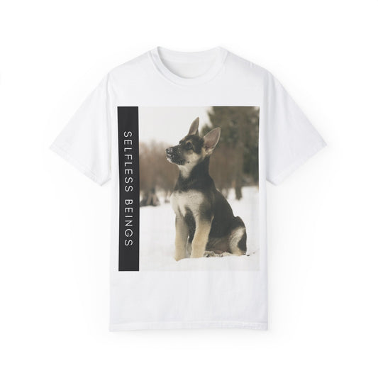 Unisex Dog Lover T-Shirt With a German Shepherd Puppy Sloppily Sitting on the Snow and Caption Selfless Beings