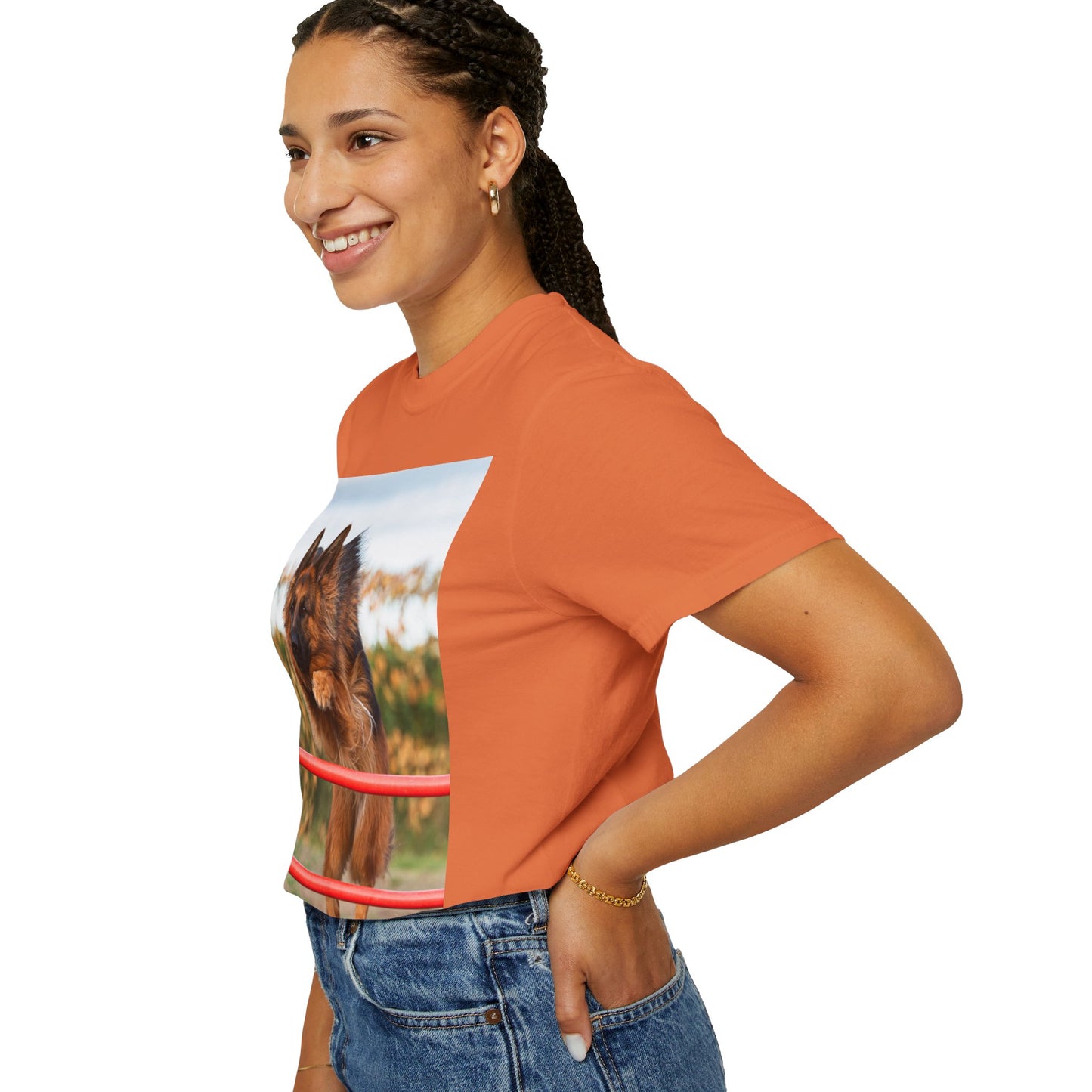 Dog Lover Unisex T-Shirt  Featuring Photograph of Showline German Shepherd Jumping Agility Fence