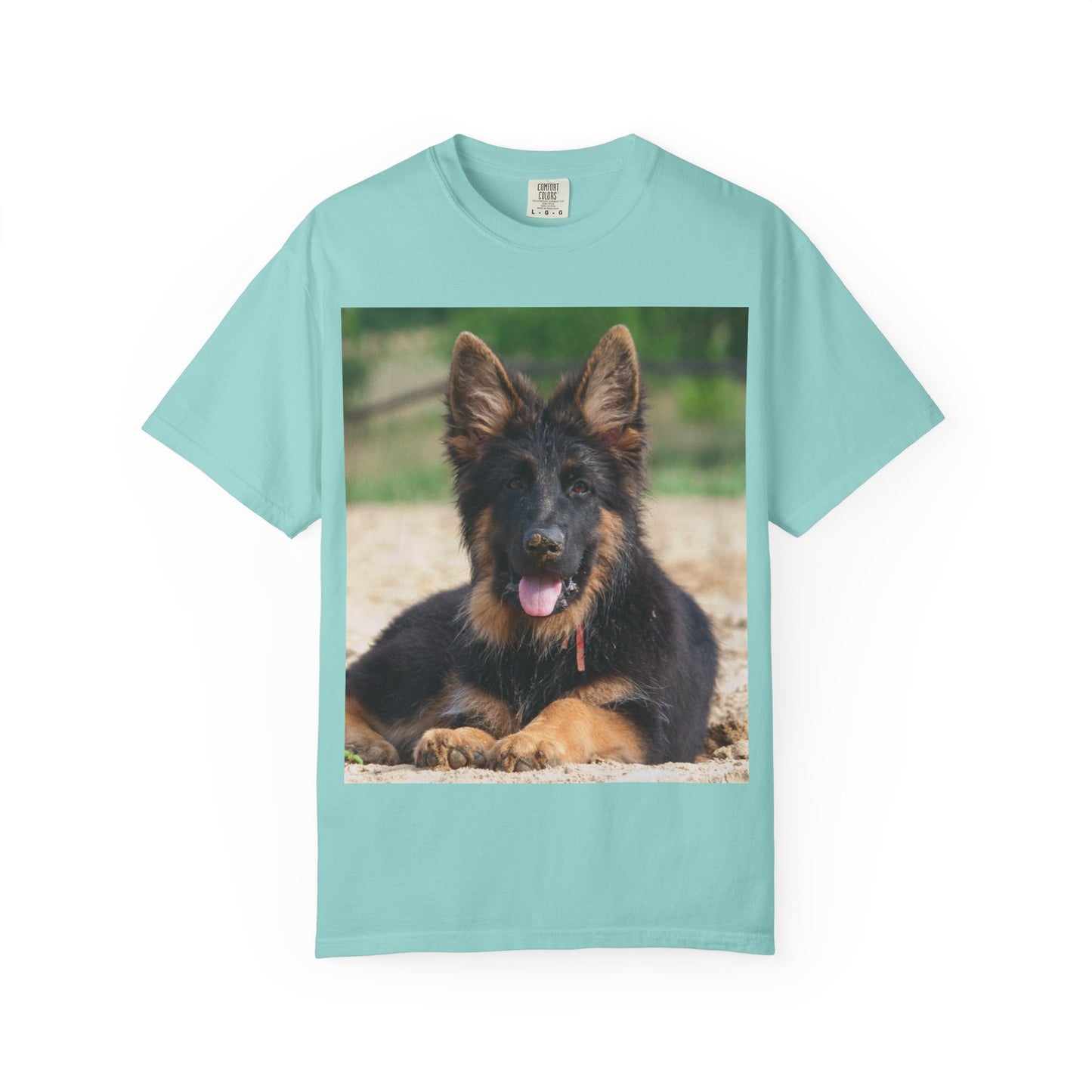Unisex Dog Lover T-Shirt Featuring Photo of Stunning German Shepherd Puppy Resting on the Sand