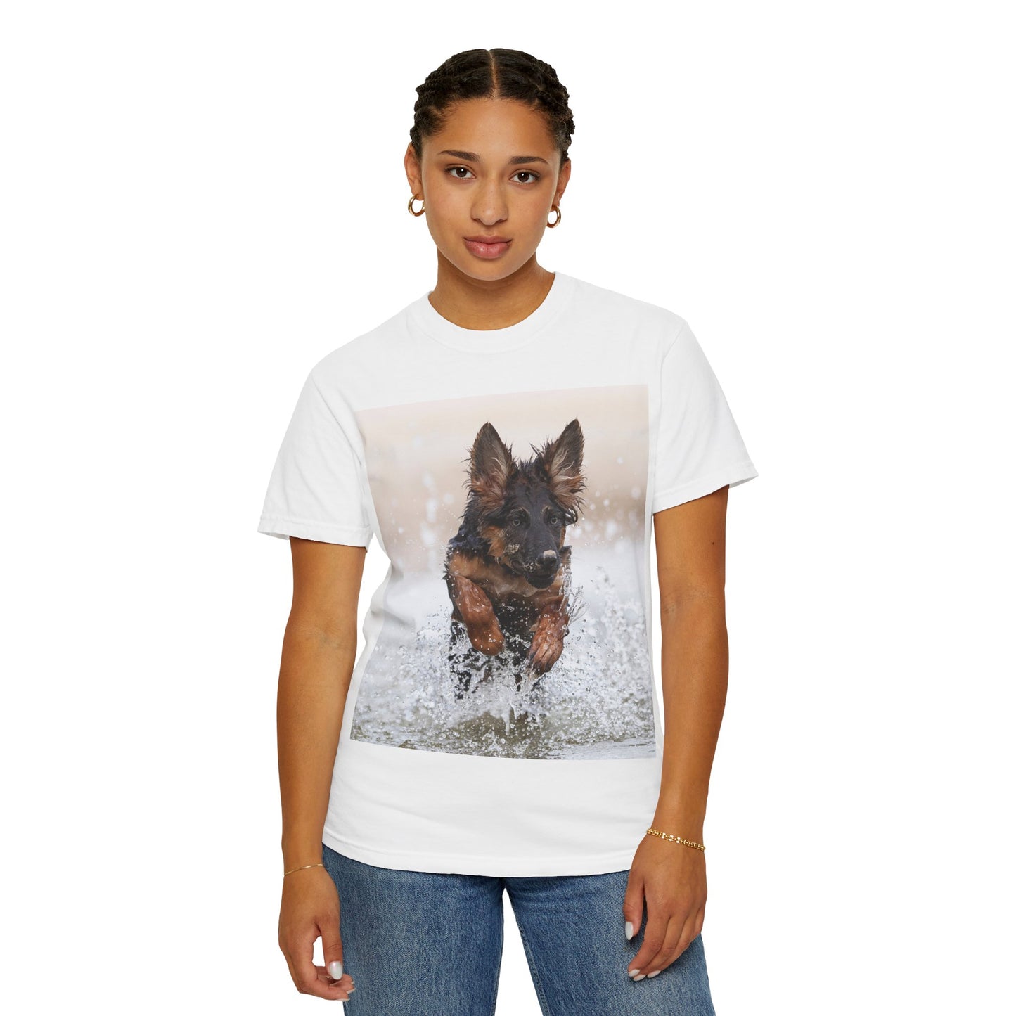 Unisex Dog Lover T-Shirt Featuring a German Shepherd Puppy Jumping In The Water