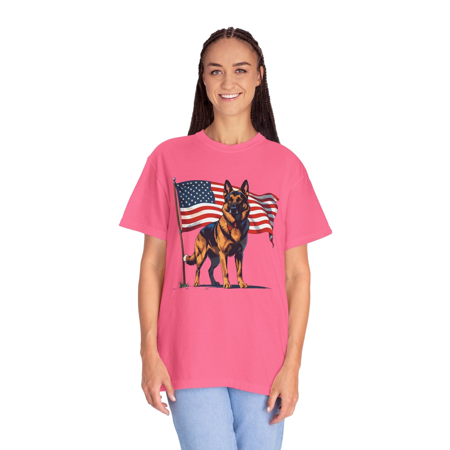 Patriotic German Shepherd Dog T-Shirt, Unisex Garment-Dyed Tee, Dog Lover Gift, US Independence Day Apparel, Casual Wear for Pet Lovers