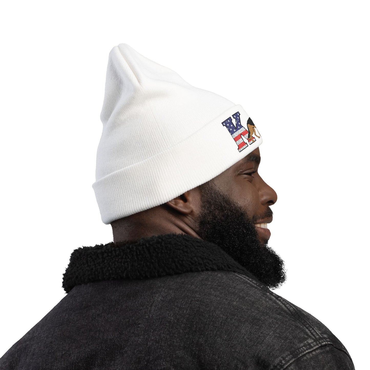 Embroidered K9 American Flag Beanie Featuring a German Shepherd | Patriotic Knit Hat, Memorial Day Cap