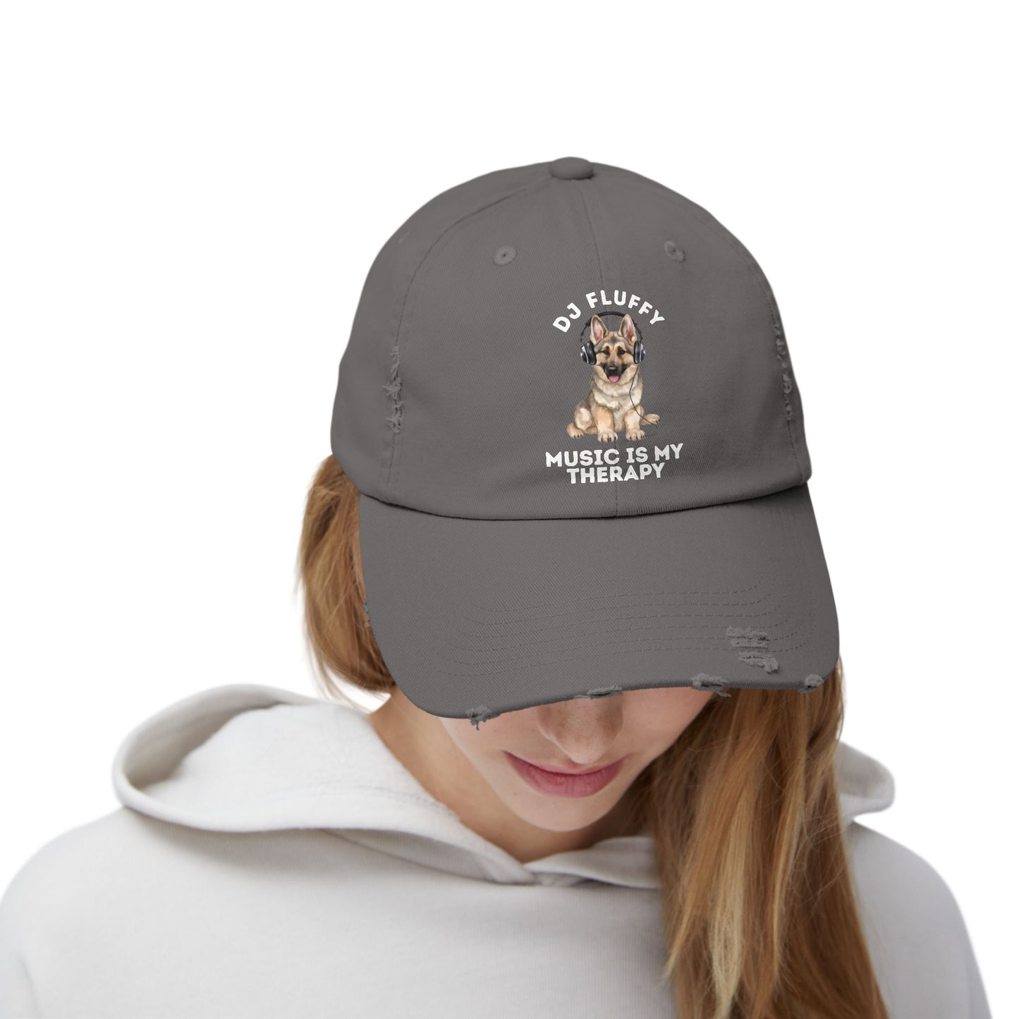 Distressed Dog Cap with German Shepherd Wearing Headphones | Pet Lover Gift | Music is My Therapy