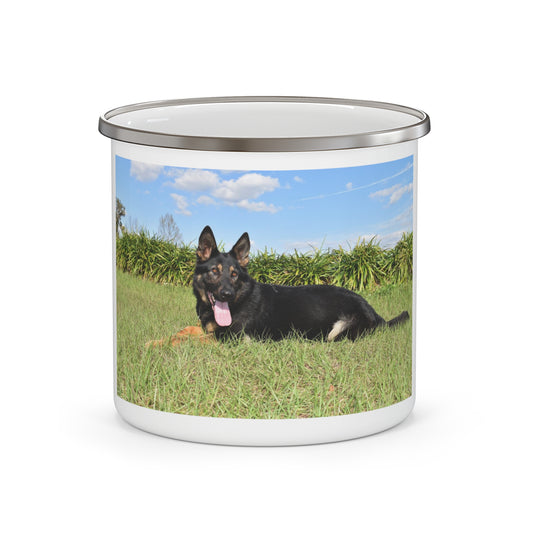 Enamel Campfire Dog Lover Stainless Steel Mug With a Czech DDR German Shepherd