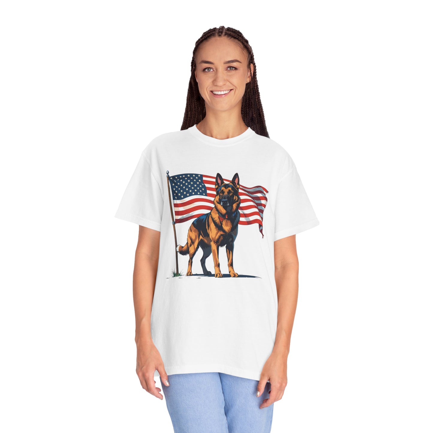 Patriotic German Shepherd Dog T-Shirt, Unisex Garment-Dyed Tee, Dog Lover Gift, US Independence Day Apparel, Casual Wear for Pet Lovers