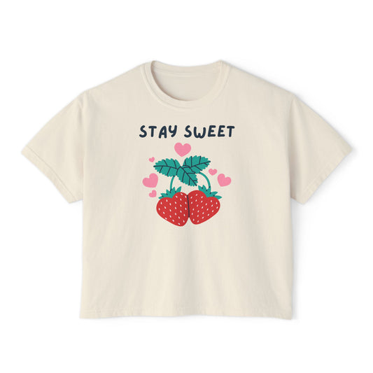 Women's Boxy Tee - Stay Sweet Strawberry T-Shirt, Cute Graphic Tee, Casual Summer Top, Gift for Her, Sweetheart Gift