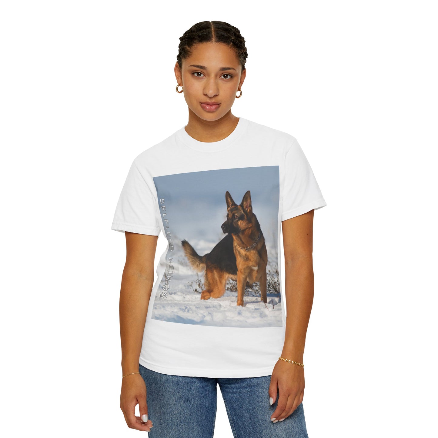 Unisex Dog Lover T-Shirt With a Beautiful German Shepherd Looking at Side Standing on the Snow and Caption Selfless Beings