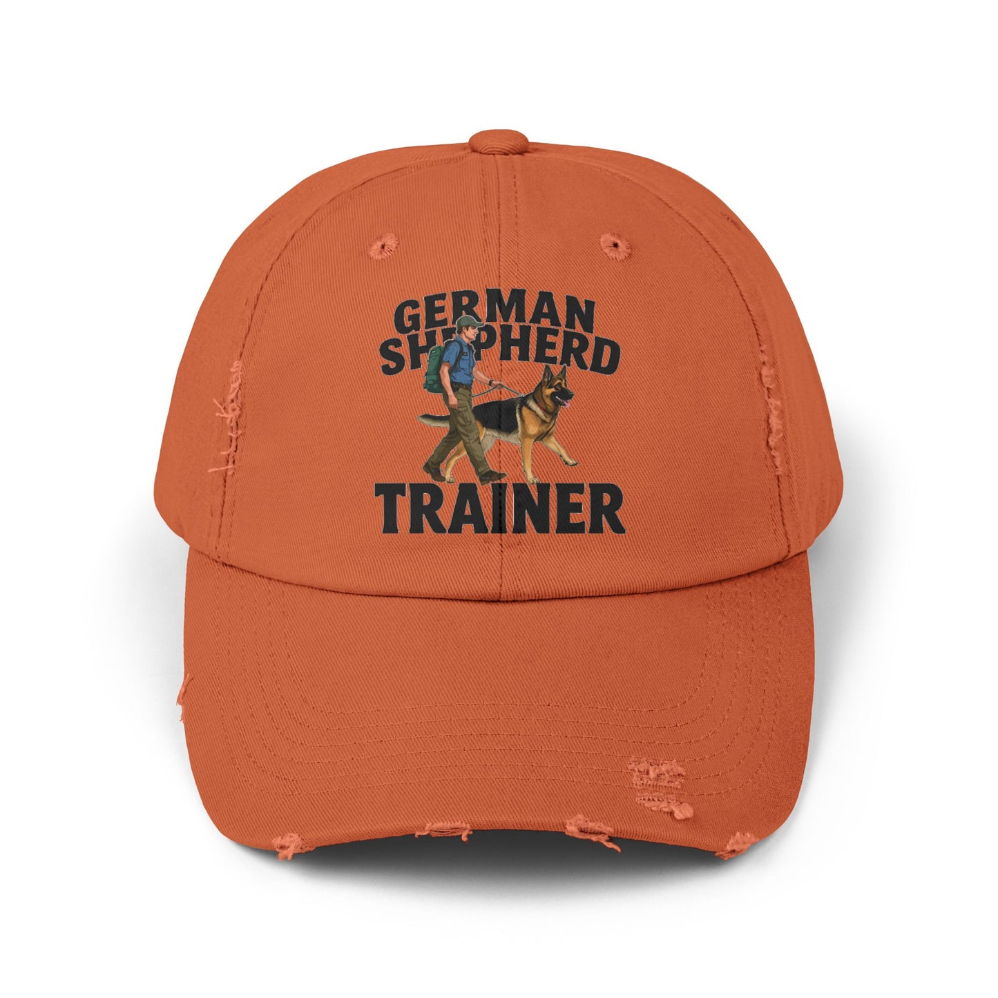 Unisex Distressed Cap Featuring a Trainer Leading German Shepherd, Dog Trainer Gift