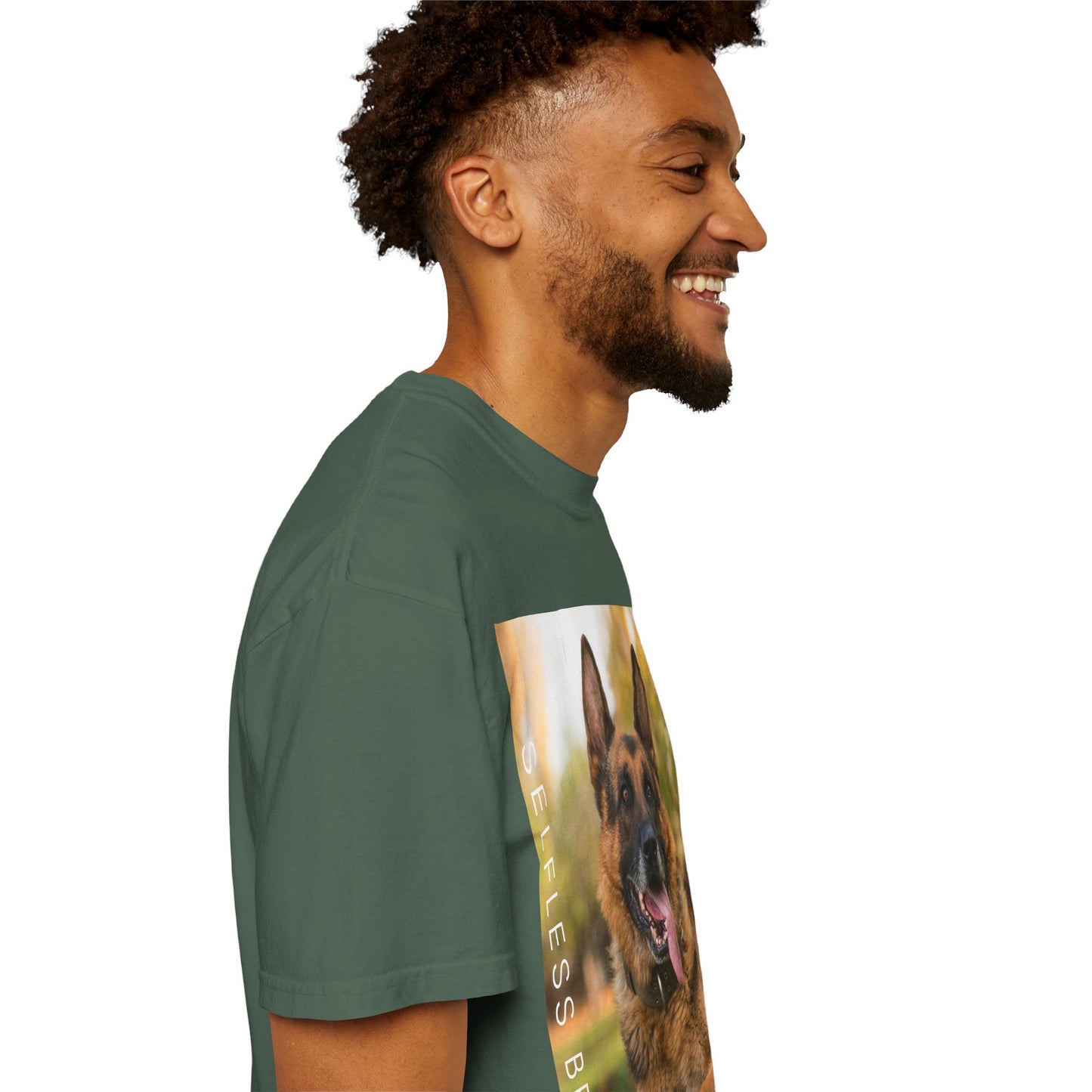 Unisex Dog Lover T-Shirt With Giant German Shepherd Relaxing on the Grass Leaving Tongue Out and Caption Selfless Beings