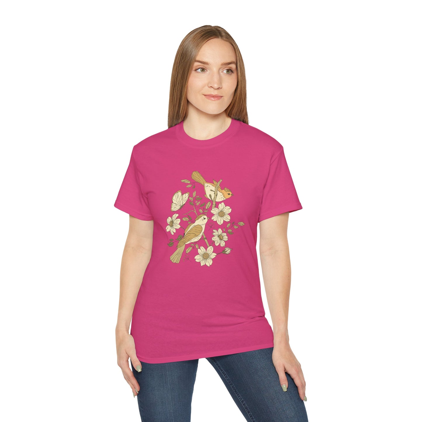 Nature-Inspired Unisex Tee, Floral Bird Print T-Shirt, Gift for Nature Lovers, Spring Fashion, Eco-Friendly Casual Wear