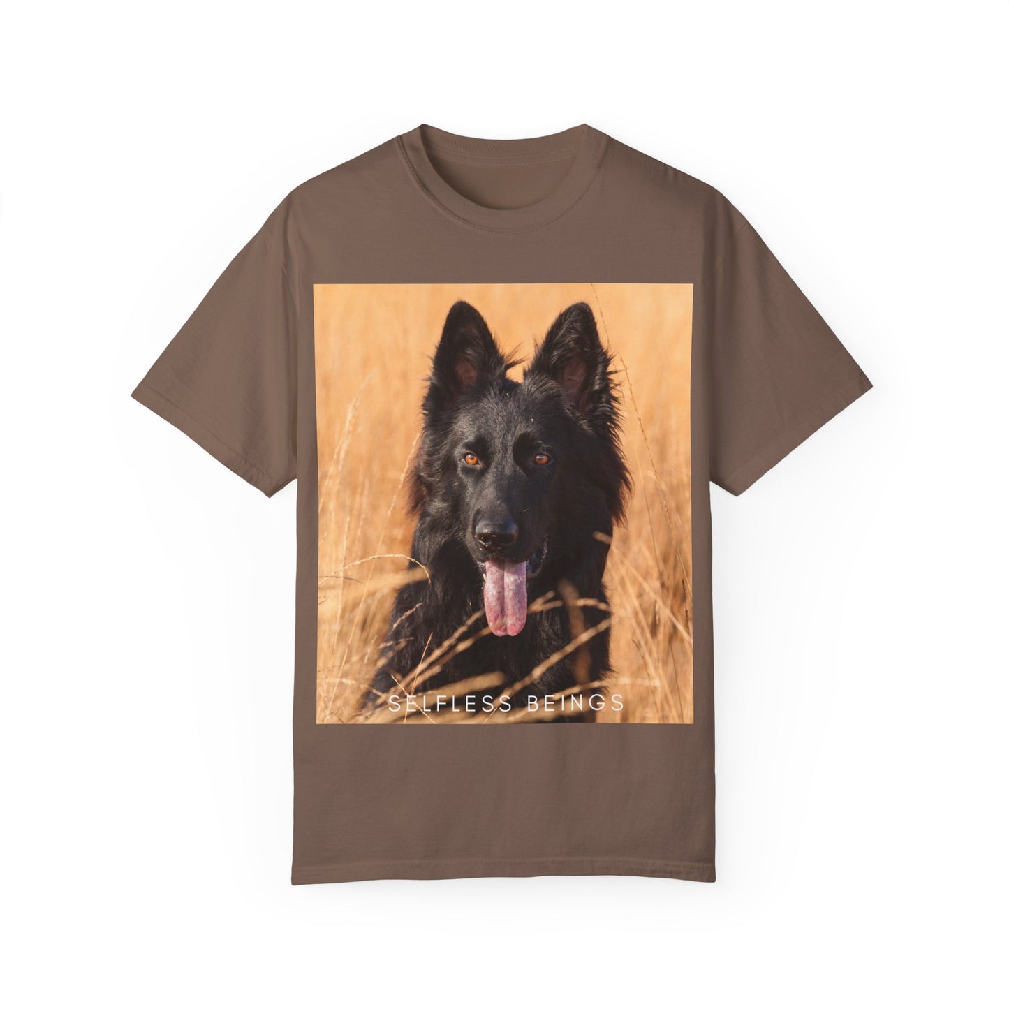Unisex Dog Lover T-Shirt With Solid Black German Shepherd in the Middle of Long Dry Grass Leaving Tongue and Caption Selfless Beings
