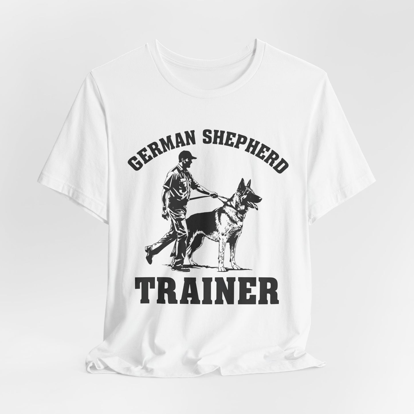 German Shepherd Trainer Tee - Black and White Design of Man Holding a German Shepherd