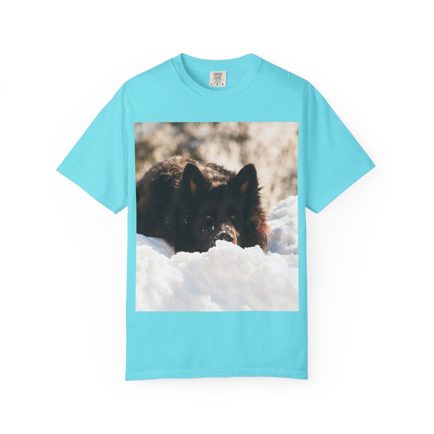 Unisex Dog Lover T-Shirt Featuring a Giant Black German Shepherd Resting on the Snow