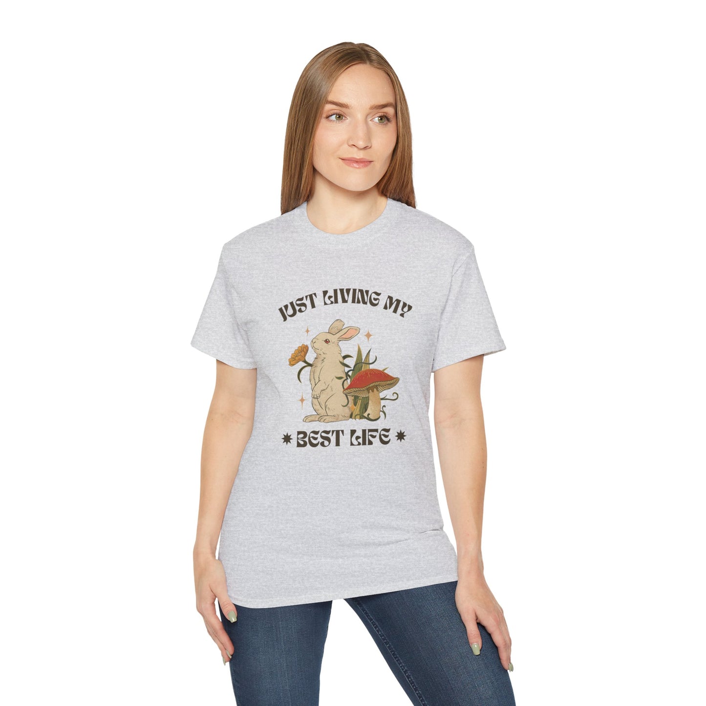Unisex Ultra Cotton Tee - Just Living My Best Life Bunny Design, Cute Rabbit Shirt, Gift for Animal Lovers, Spring Fashion