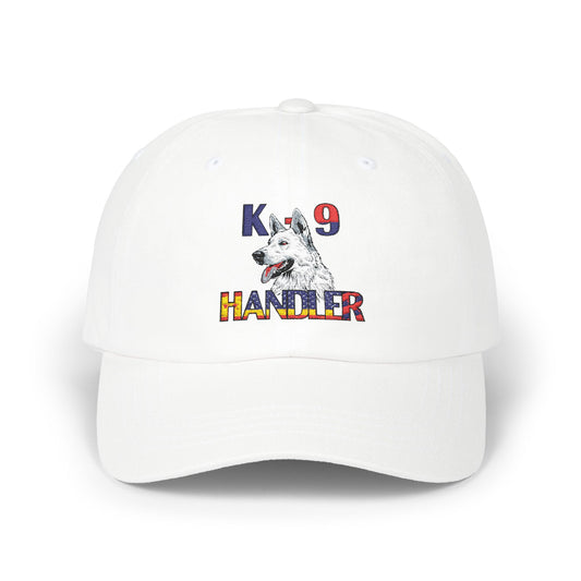 Embroidered Police Themed K9 Handler Classic Dad Cap Featuring a White German Shepherd