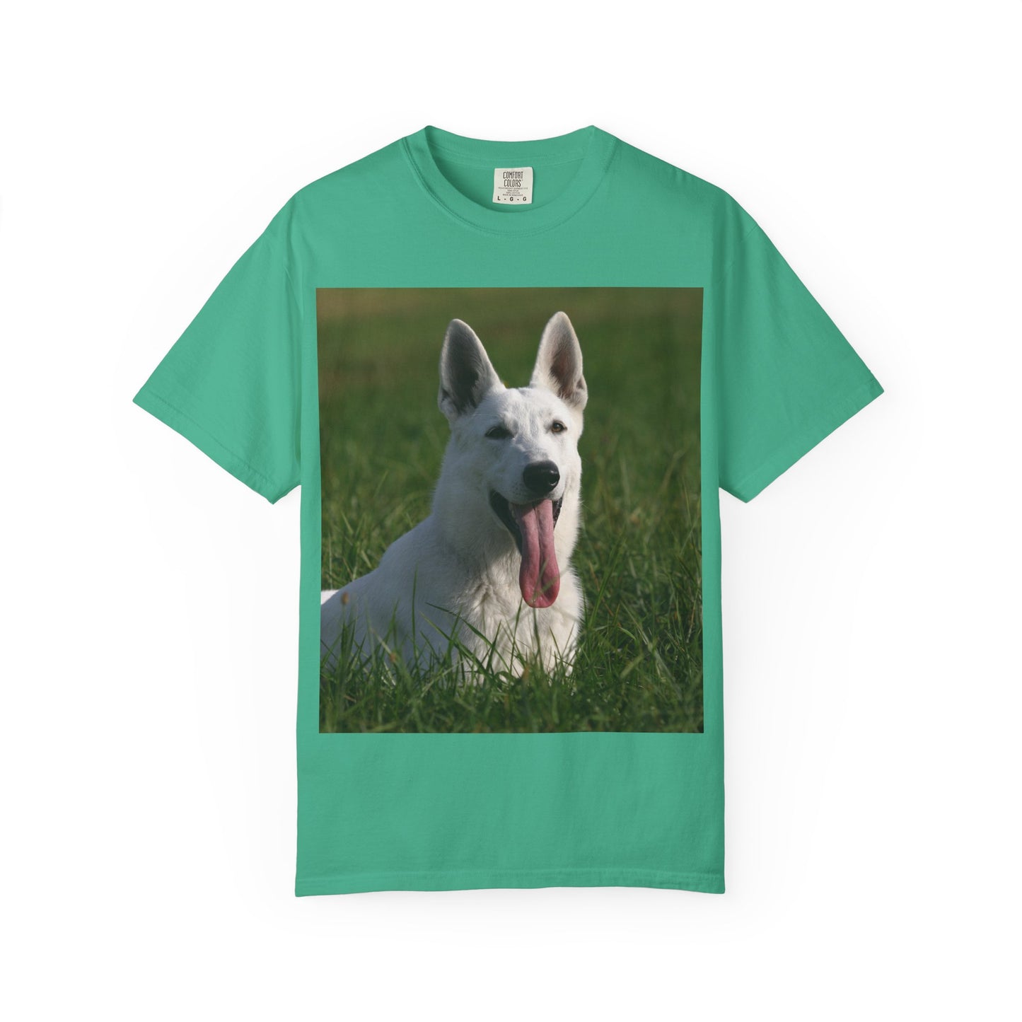 Unisex Dog Lover T-Shirt Featuring White German Shepherd Resting On Green Grass Leaving Tongue Out