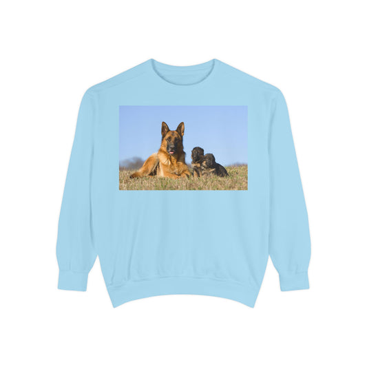 Unisex Dog Lover Sweatshirt With a German Shepherd Lying on the Grass With Two Puppies