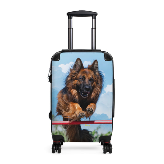 Dog Lover's Travel Suitcase Featuring a German Shepherd in the Air While Jumping An Agility Fence