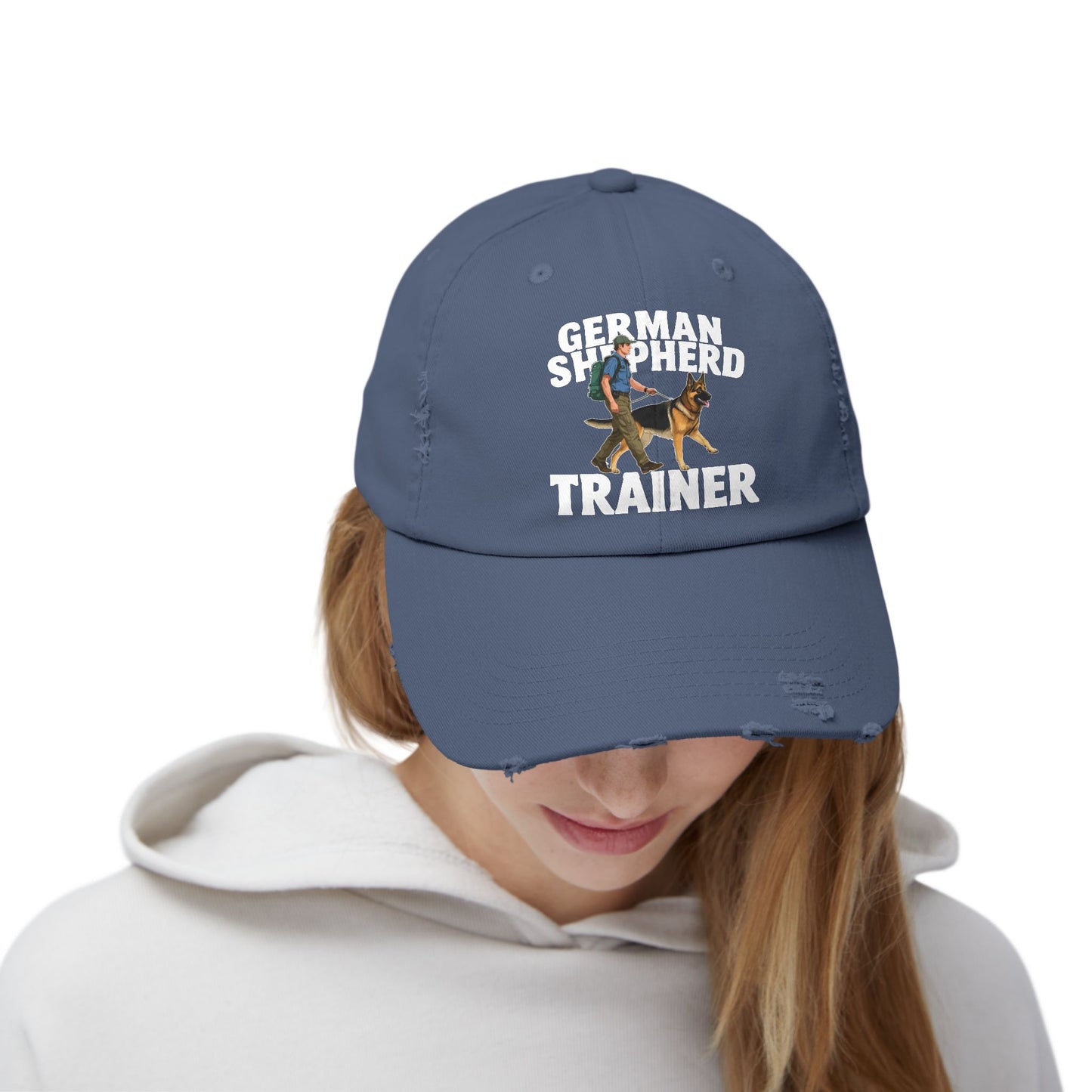 Unisex Distressed Cap Featuring a Trainer Leading German Shepherd, Dog Trainer Gift