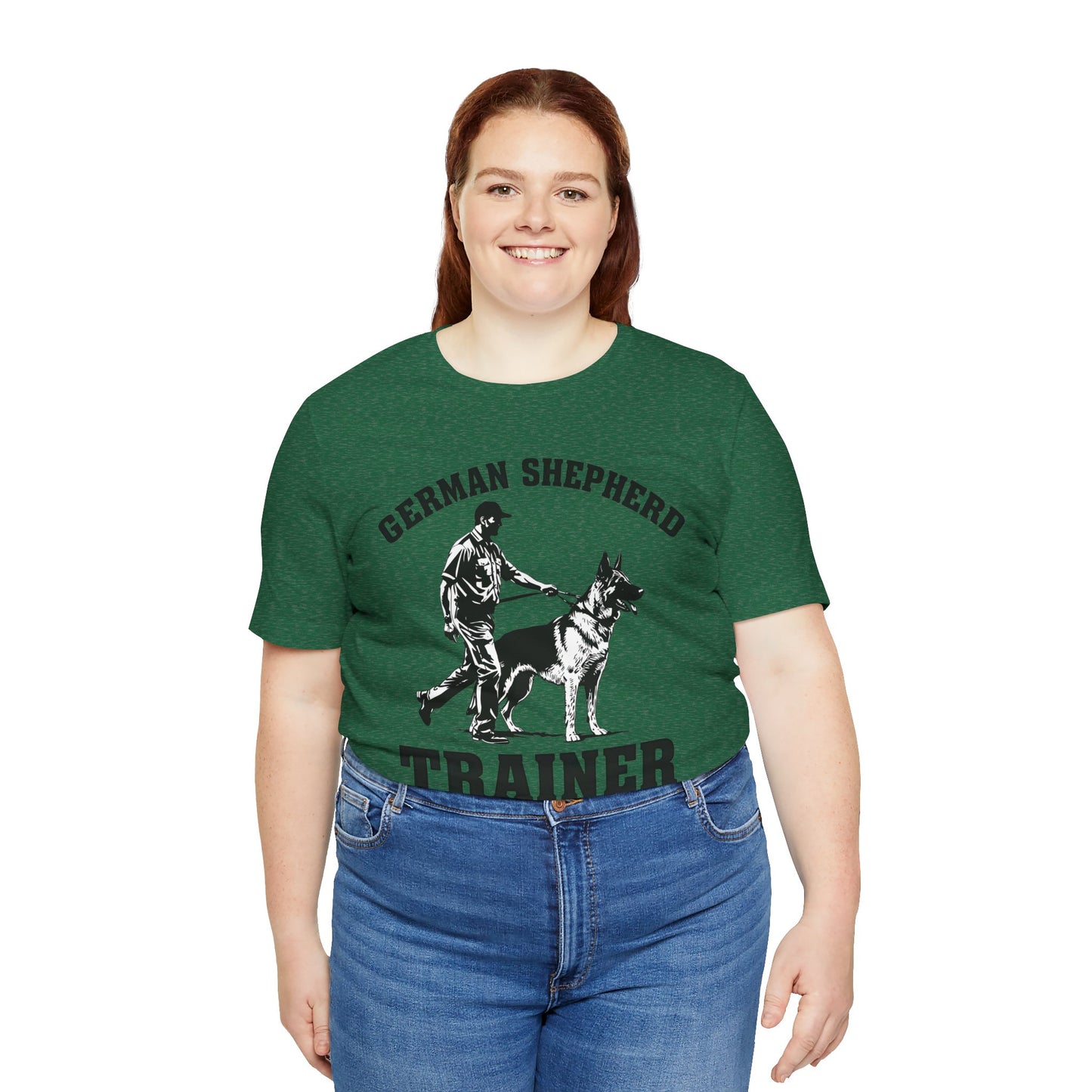 German Shepherd Trainer Tee - Black and White Design of Man Holding a German Shepherd