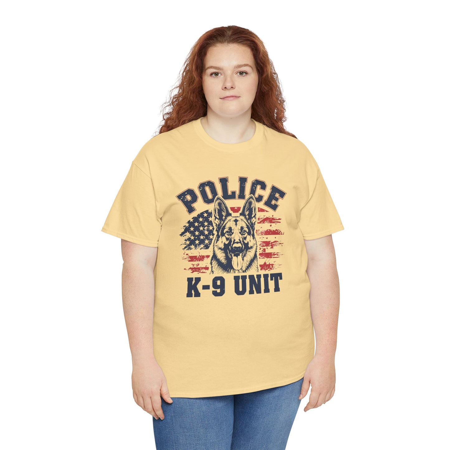 Patriotic Police K-9 Unit T-Shirt With American Flag in Background, Unisex Heavy Cotton Tee