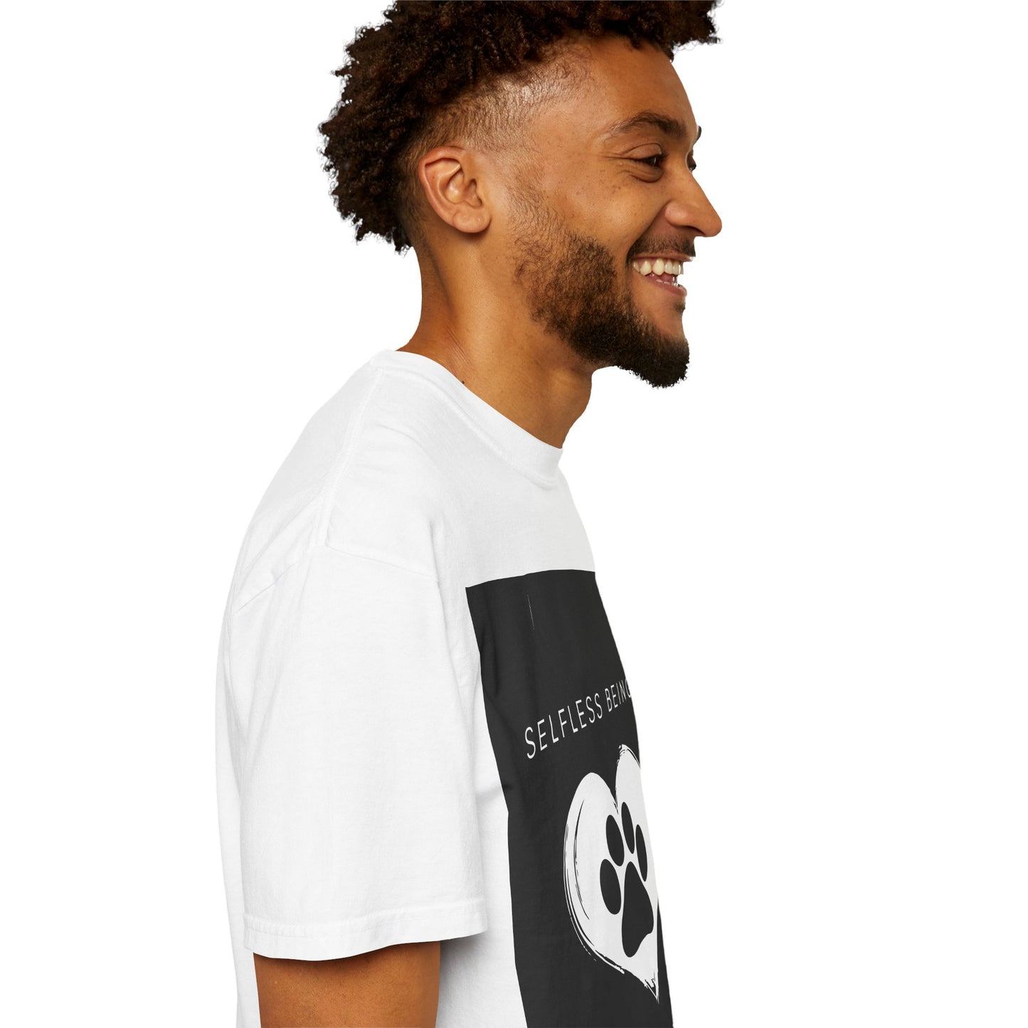 Unisex Dog Lover T-Shirt With Black Paw Print of a Dog Inside a White Heart and Caption Selfless Beings