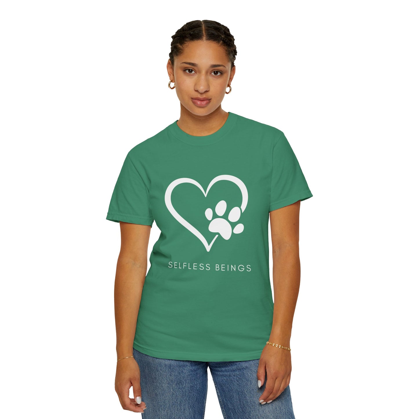 Unisex Dog Lover T-Shirt With Graphic of Heart Whose Right Side Contains Dog Paw's Print and Caption Selfless Beings