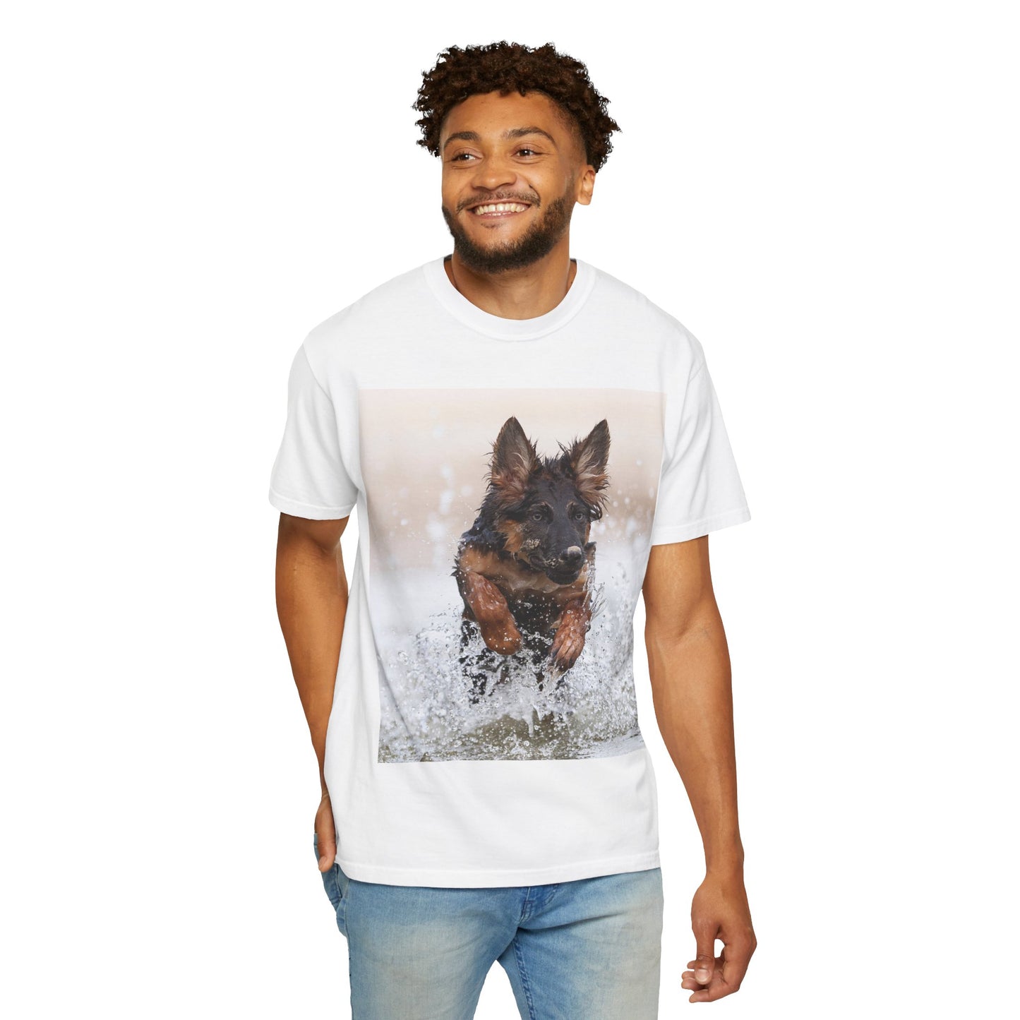 Unisex Dog Lover T-Shirt Featuring a German Shepherd Puppy Jumping In The Water