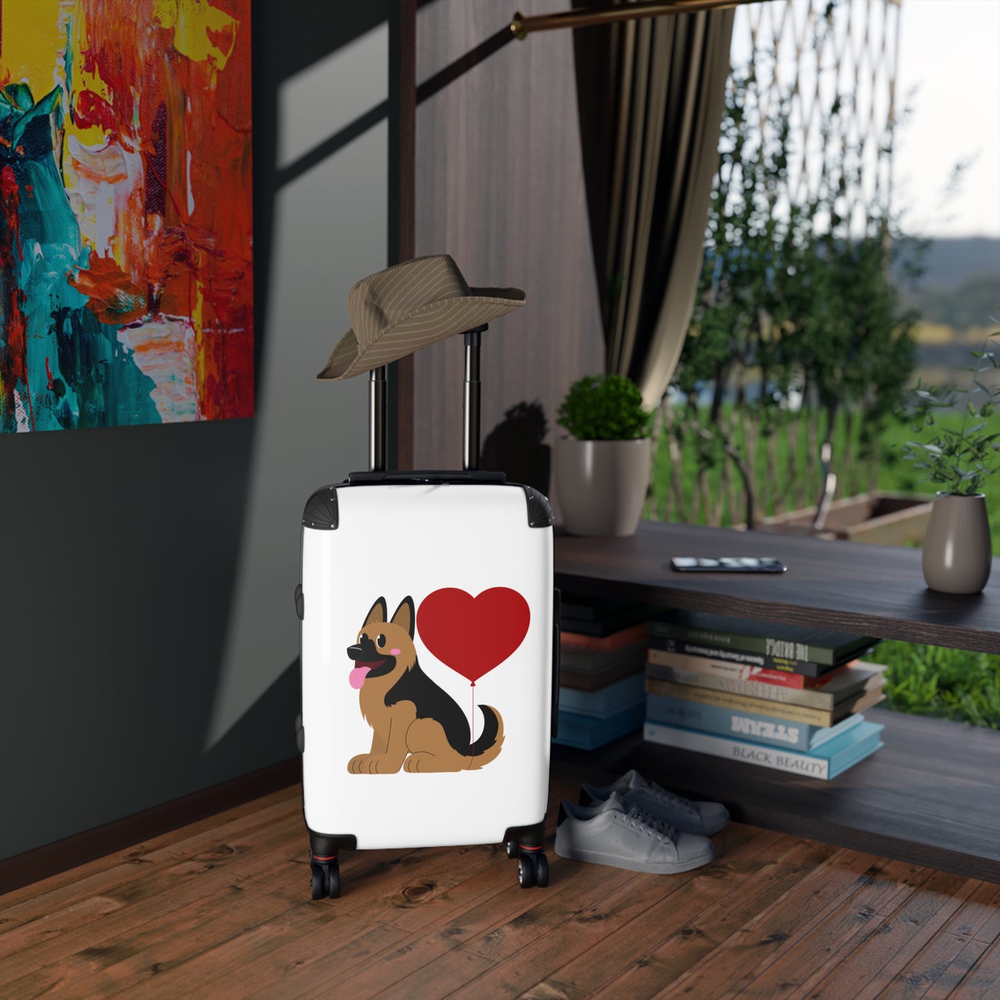 Dog Lover's Suitcase Featuring Graphic of a German Shepherd Puppy and Heart Shaped Balloon Attached to Tail
