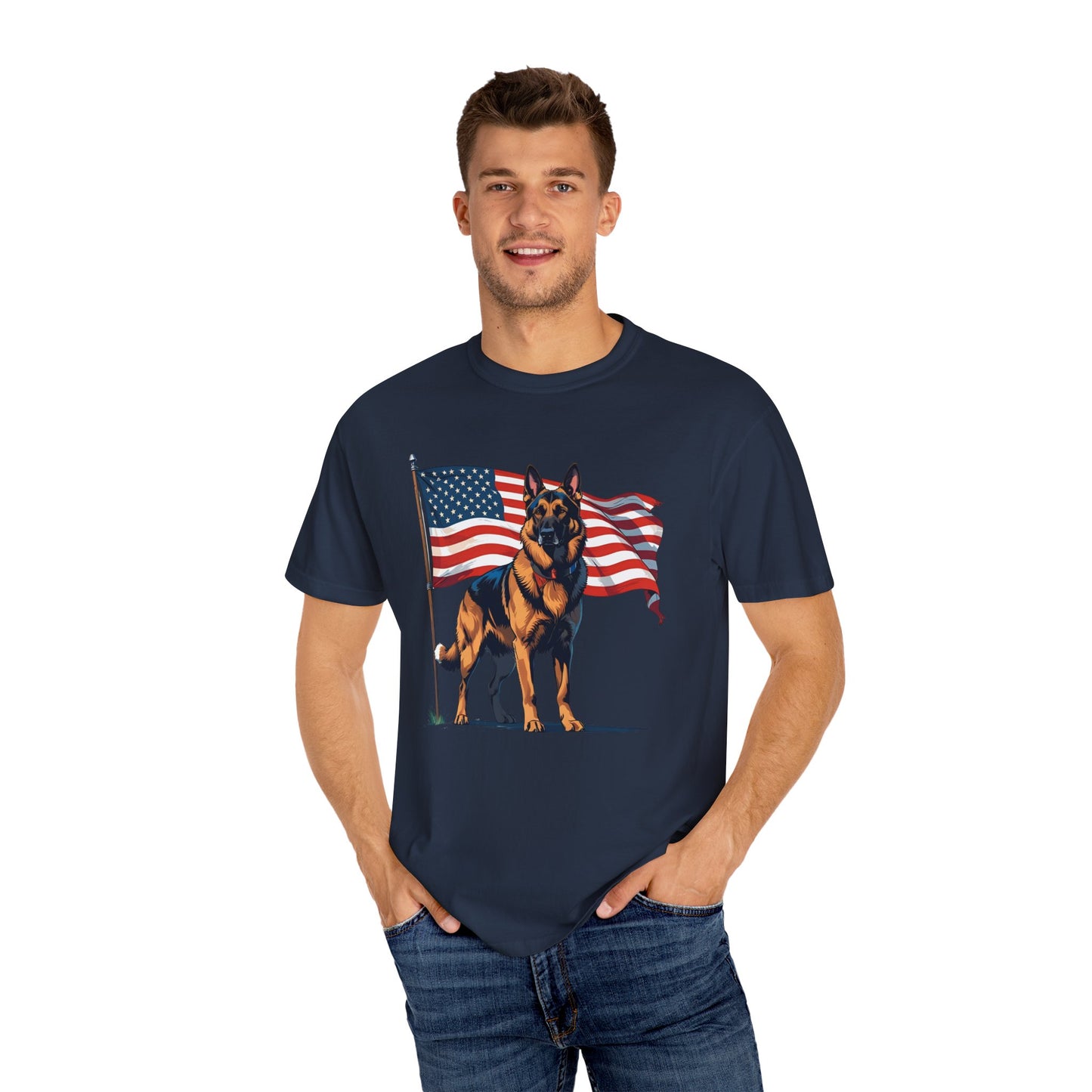 Patriotic German Shepherd Dog T-Shirt, Unisex Garment-Dyed Tee, Dog Lover Gift, US Independence Day Apparel, Casual Wear for Pet Lovers