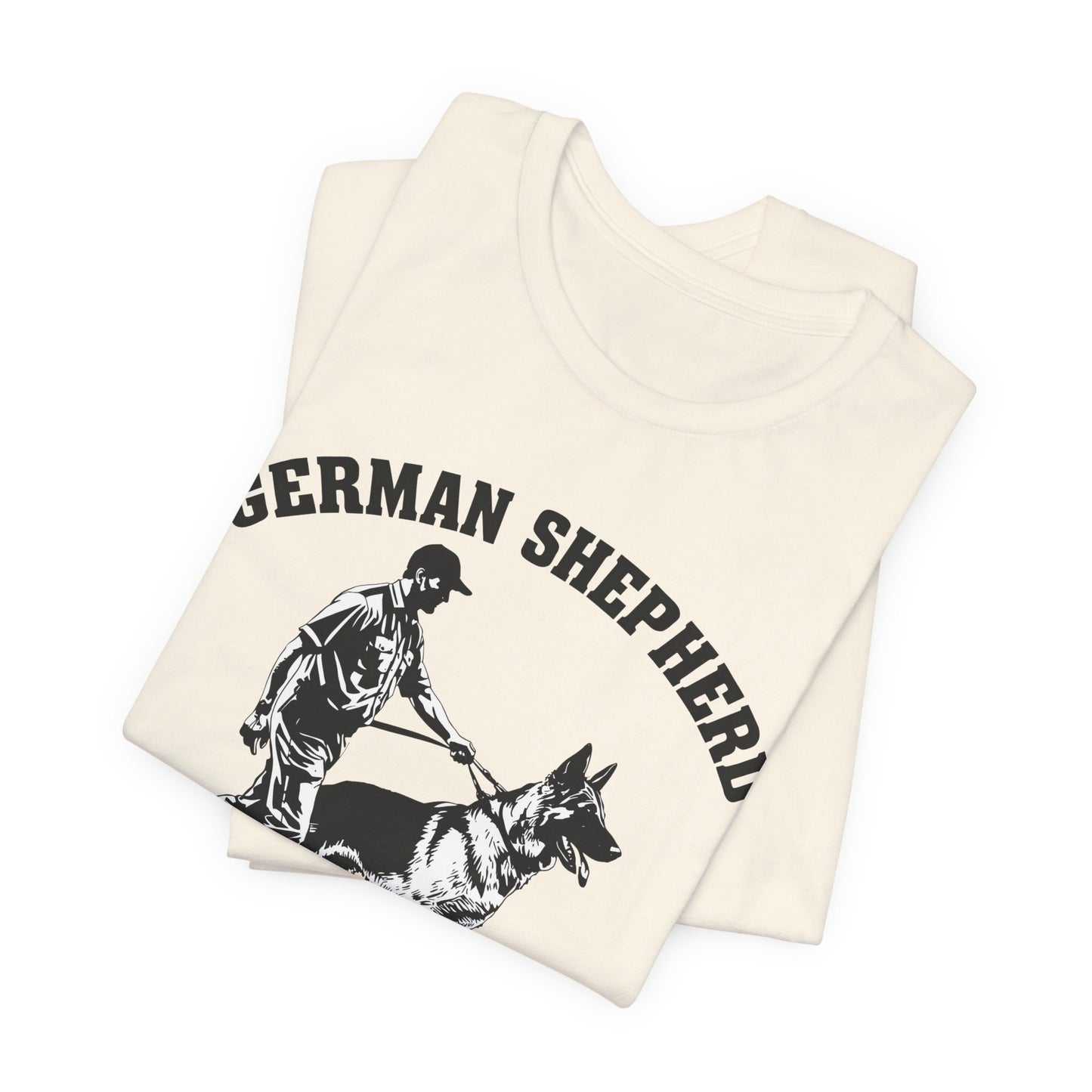 German Shepherd Trainer Tee - Black and White Design of Man Holding a German Shepherd