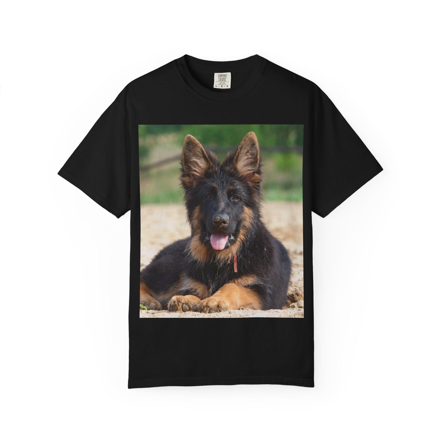 Unisex Dog Lover T-Shirt Featuring Photo of Stunning German Shepherd Puppy Resting on the Sand
