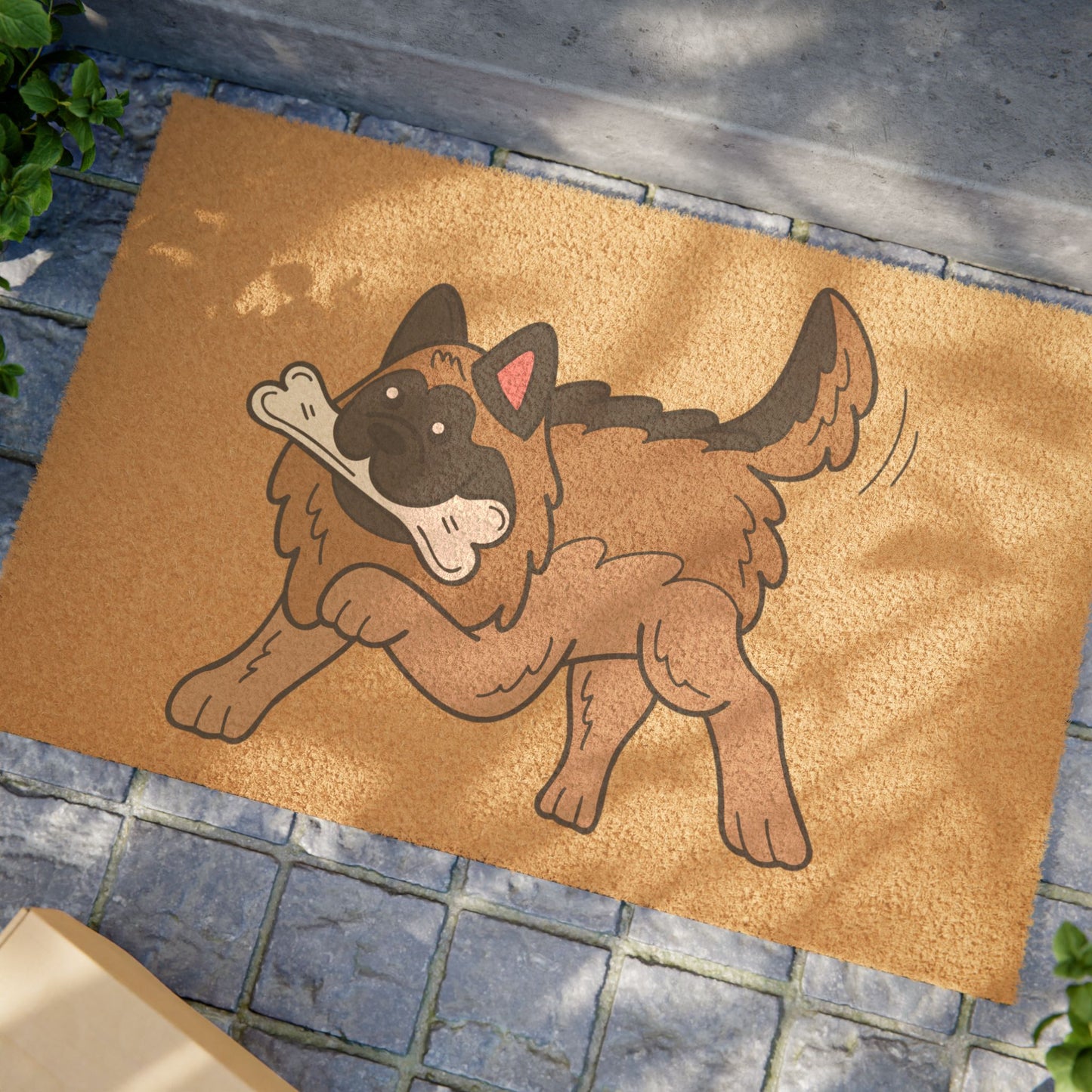 Playful Dog Doormat - Featuring a Cartoon German Shepherd Holding a White Bone in Mouth