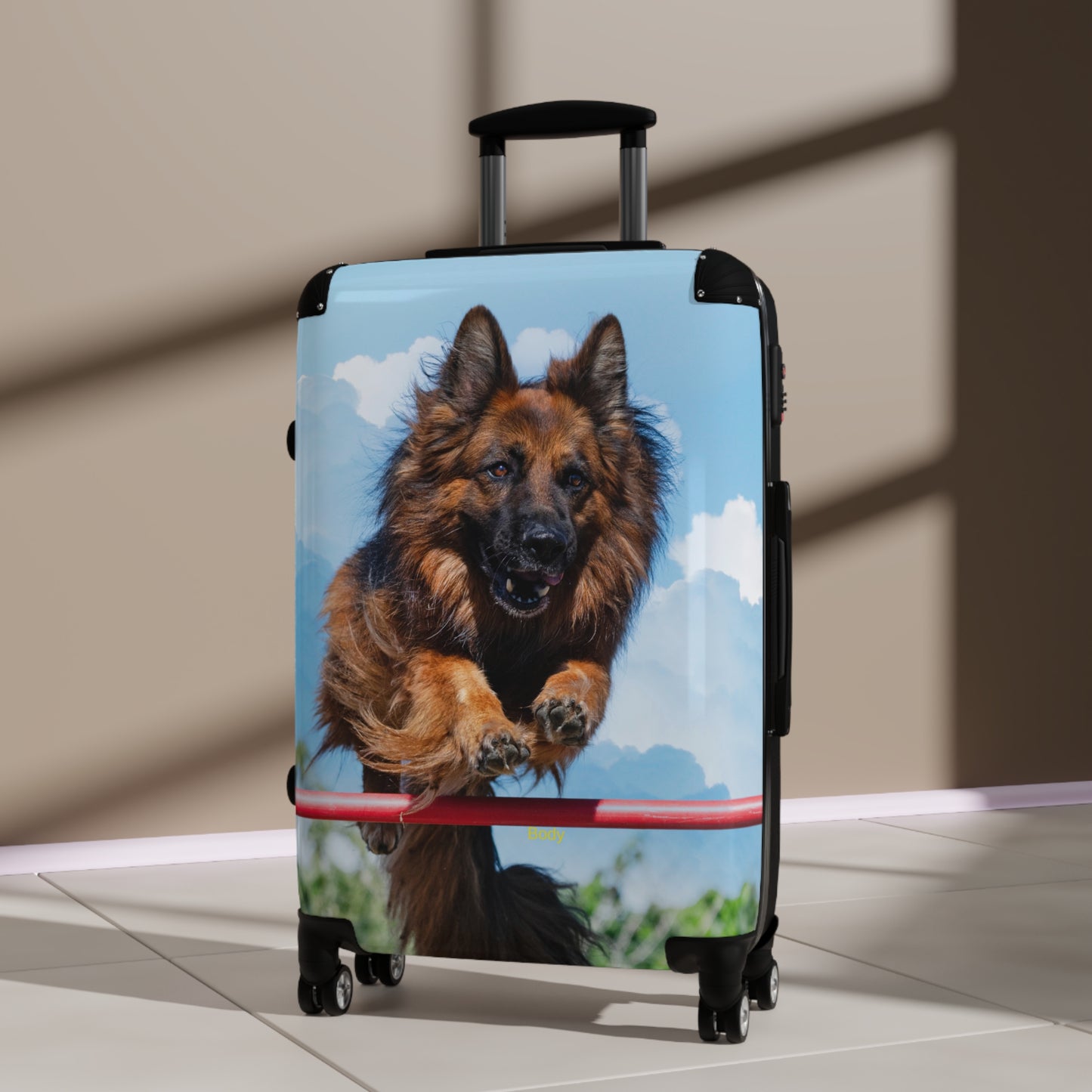 Dog Lover's Travel Suitcase Featuring a German Shepherd in the Air While Jumping An Agility Fence