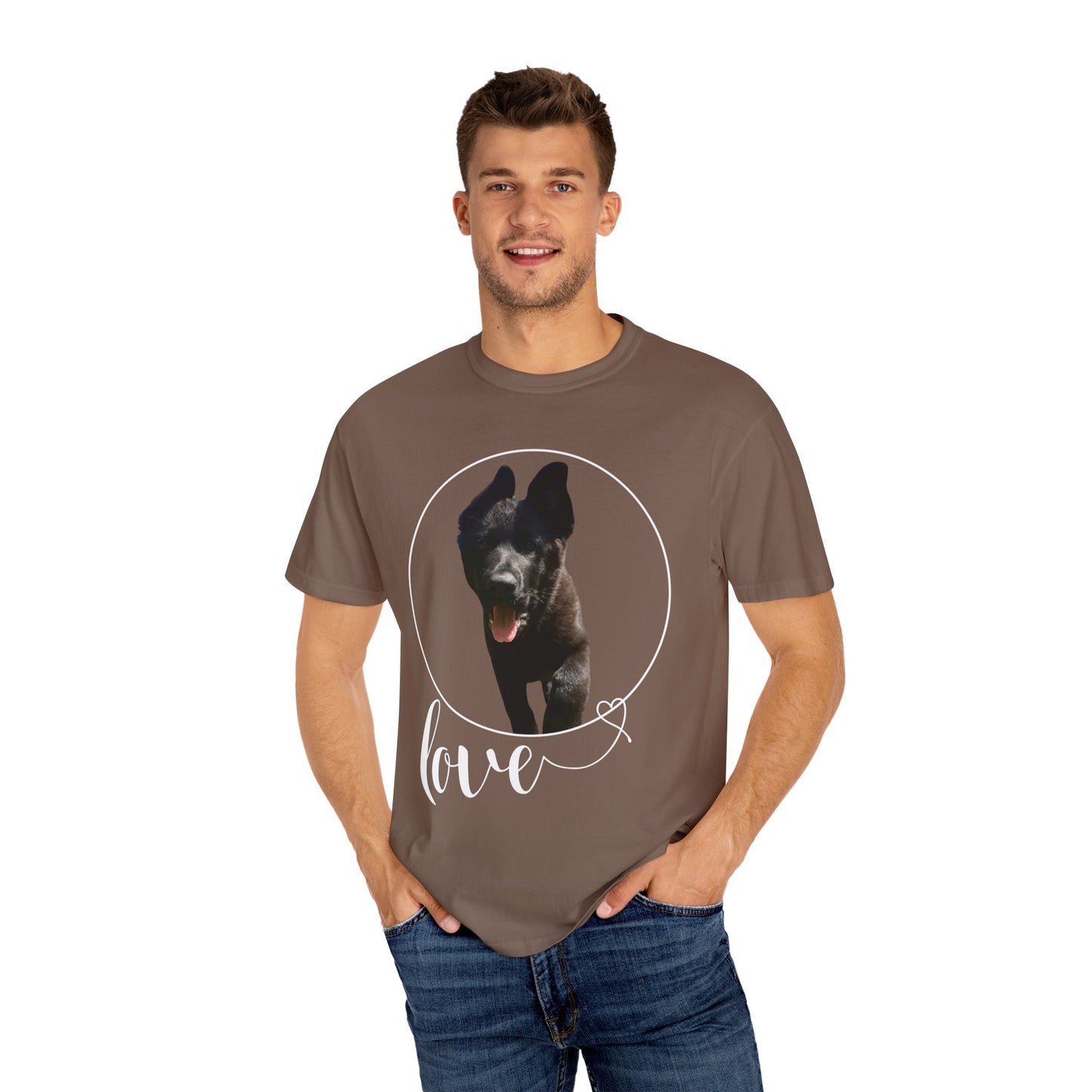 Unisex Dog Lover T-Shirt With Solid Black German Shepherd Walking On a Grass and Text Love