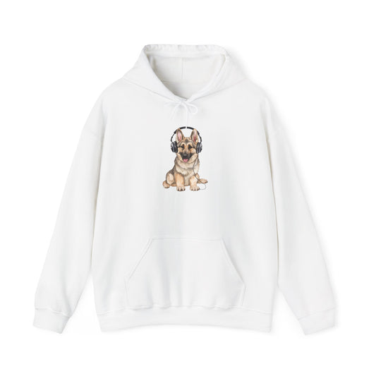 Unisex Dog Lover Hoodie With a German Shepherd Wearing Headphones Enjoying Music