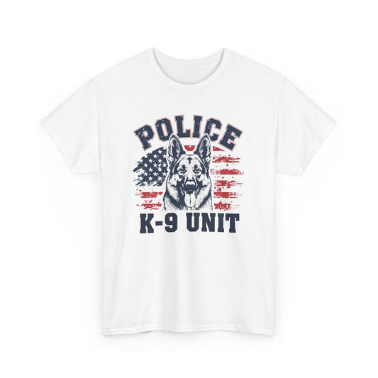 Patriotic Police K-9 Unit T-Shirt With American Flag in Background, Unisex Heavy Cotton Tee