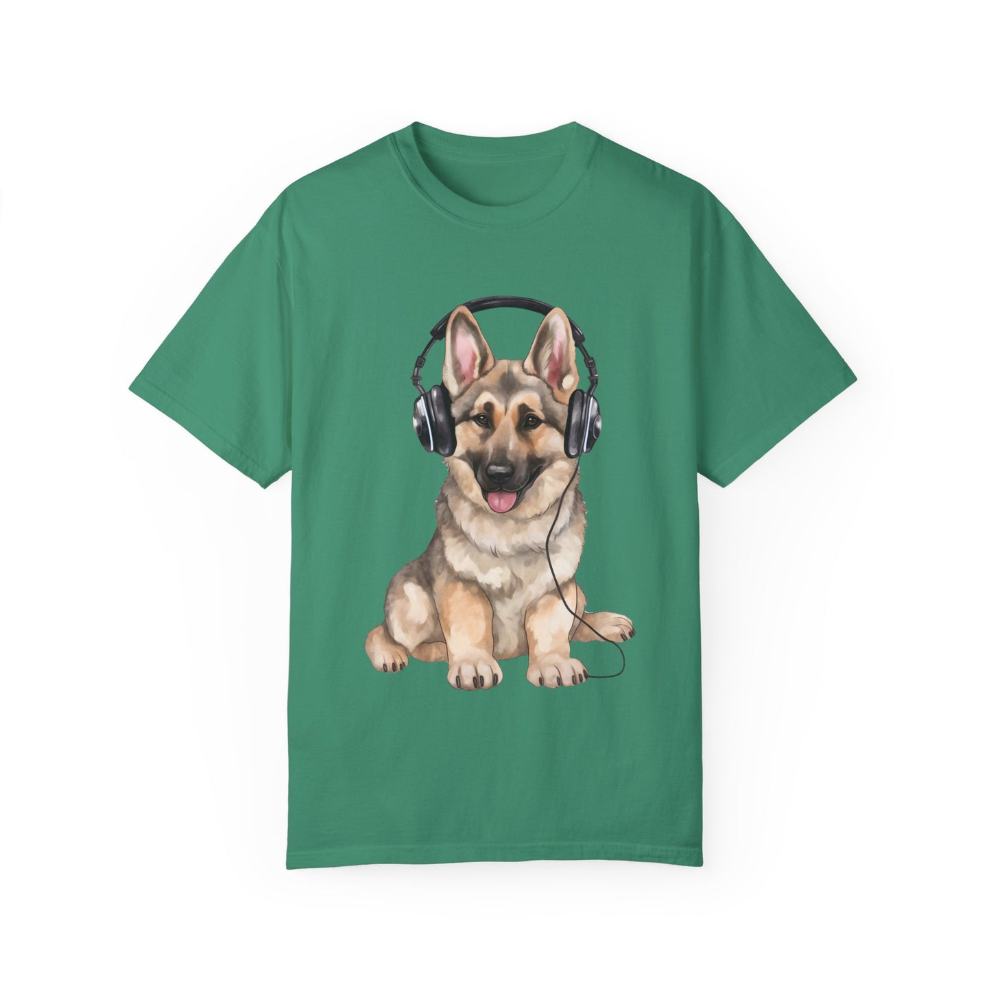 Unisex Dog Lover T-Shirt With a Graphic of German Shepherd  Wearing Headphones Enjoying Music