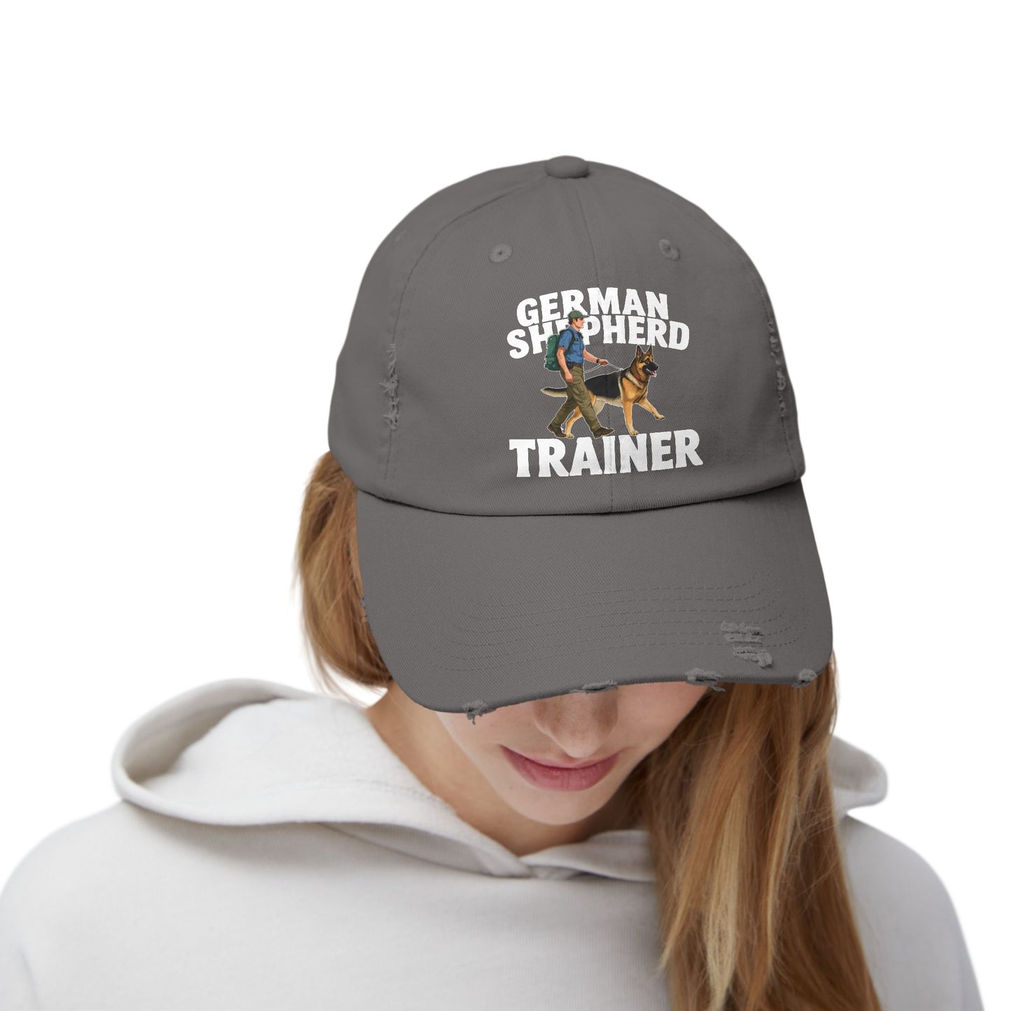 Unisex Distressed Cap Featuring a Trainer Leading German Shepherd, Dog Trainer Gift