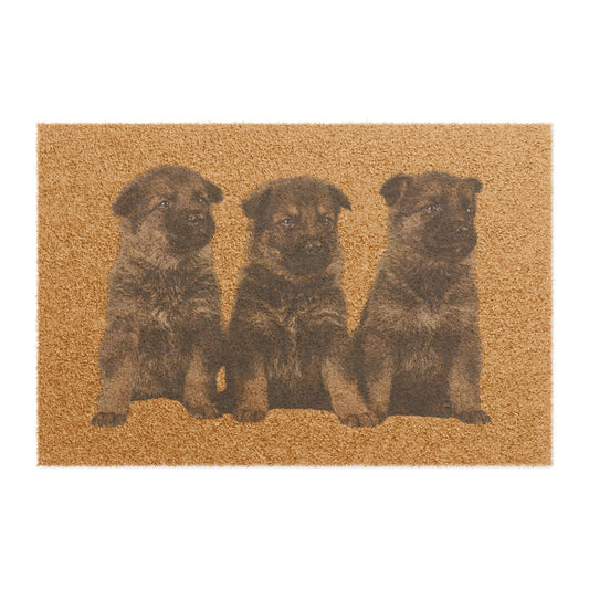 Doormat Featuring Three Cute German Shepherd Puppies Sloppily Sitting in a Row