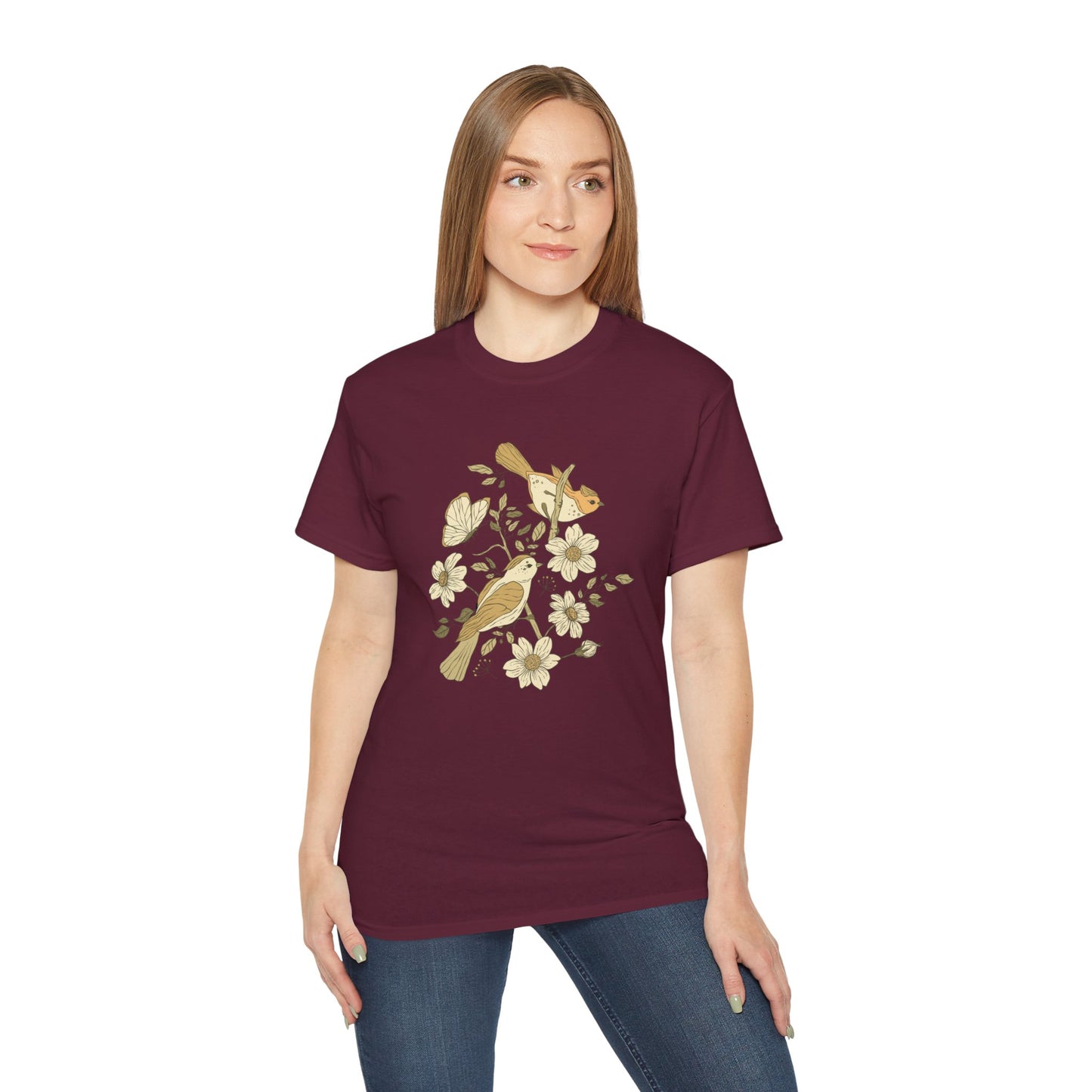 Nature-Inspired Unisex Tee, Floral Bird Print T-Shirt, Gift for Nature Lovers, Spring Fashion, Eco-Friendly Casual Wear