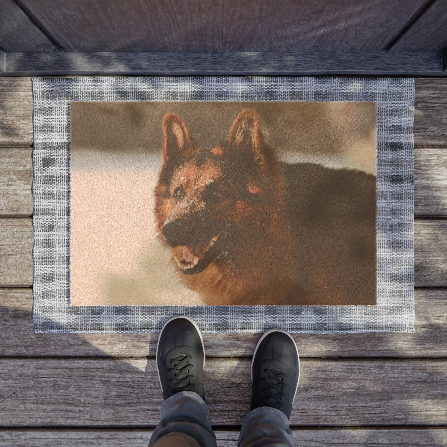 Dog Lover's Doormat Featuring a Giant German Shepherd in the Snow