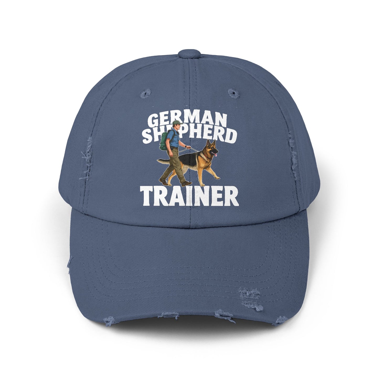Unisex Distressed Cap Featuring a Trainer Leading German Shepherd, Dog Trainer Gift