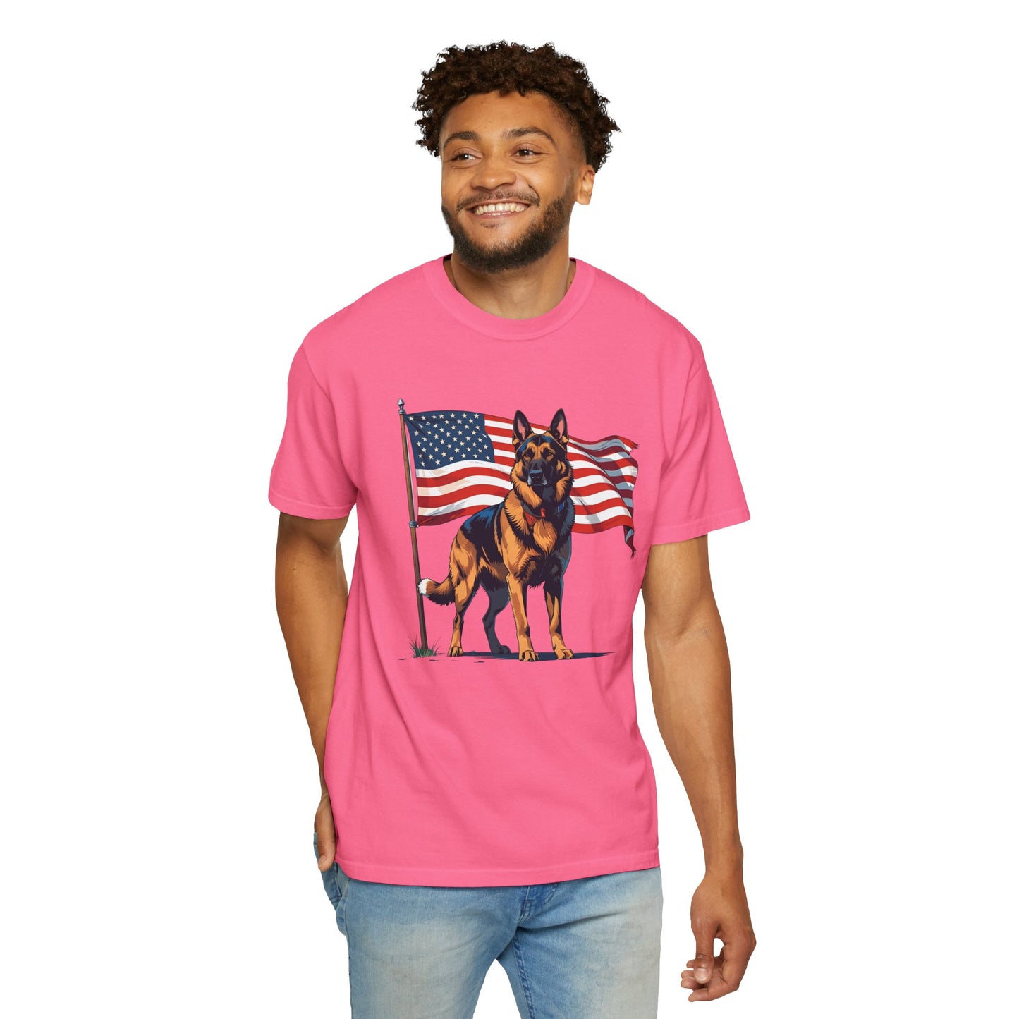Patriotic German Shepherd Dog T-Shirt, Unisex Garment-Dyed Tee, Dog Lover Gift, US Independence Day Apparel, Casual Wear for Pet Lovers