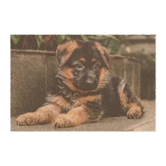 Dog Lovers Doormat Featuring a Cute German Shepherd Puppy With Floppy Ears Sitting on the Floor