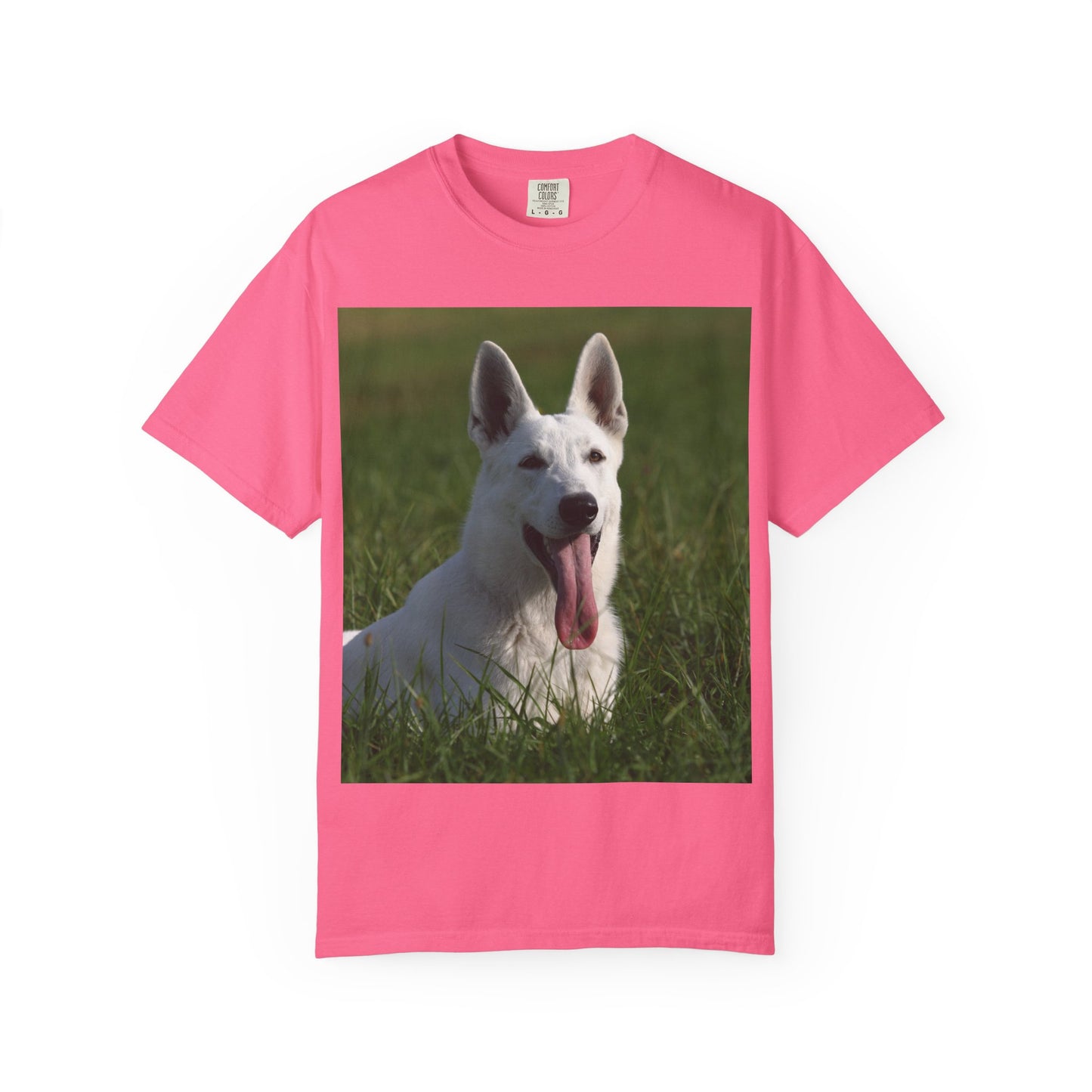 Unisex Dog Lover T-Shirt Featuring White German Shepherd Resting On Green Grass Leaving Tongue Out