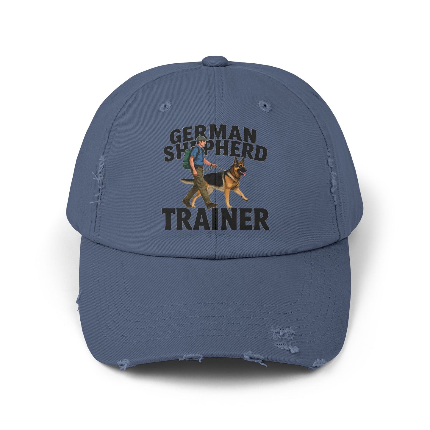 Unisex Distressed Cap Featuring a Trainer Leading German Shepherd, Dog Trainer Gift
