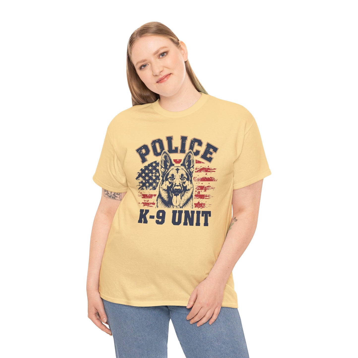 Patriotic Police K-9 Unit T-Shirt With American Flag in Background, Unisex Heavy Cotton Tee