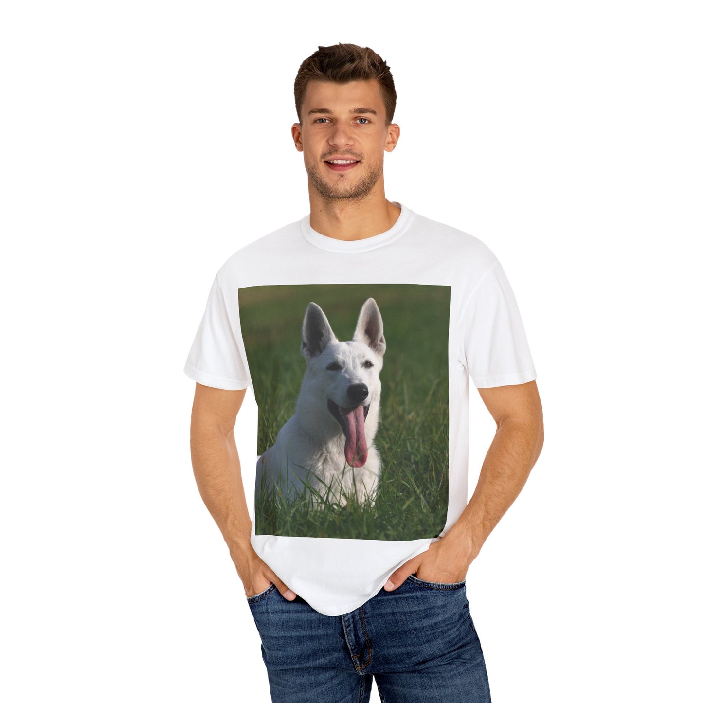 Unisex Dog Lover T-Shirt Featuring White German Shepherd Resting On Green Grass Leaving Tongue Out