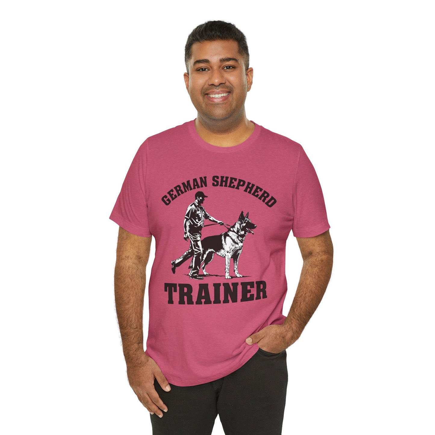 German Shepherd Trainer Tee - Black and White Design of Man Holding a German Shepherd